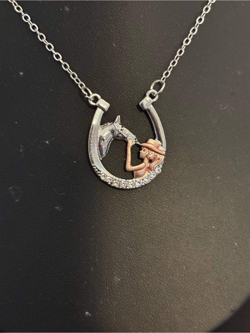 Horseshoe Horse & Rider Pendant Necklace in Silver and Rose Gold Tones